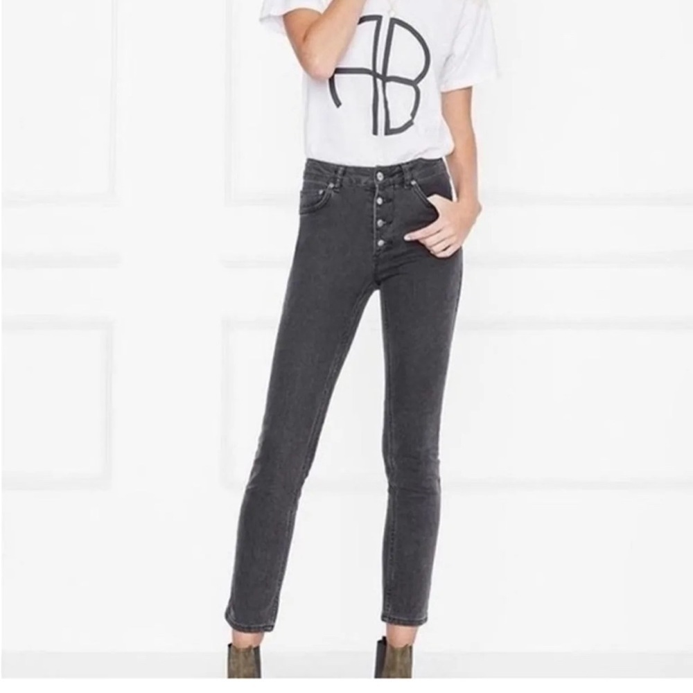 Anine Bing Frida High Rise Button Fly Straight Leg Jeans in Charcoal Black SZ 26